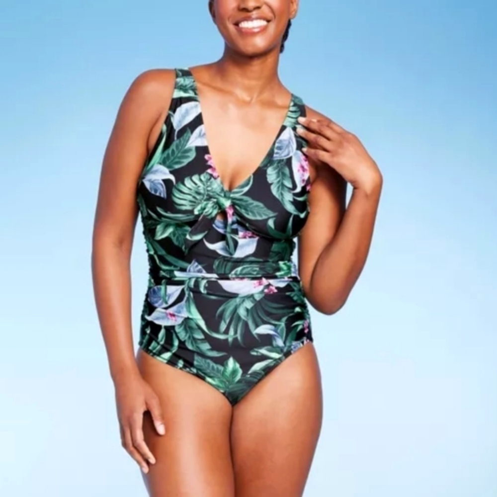 NWT Kona Sol Plus Size Full Coverage Tummy Control Tie-Front One Piece Swimsuit